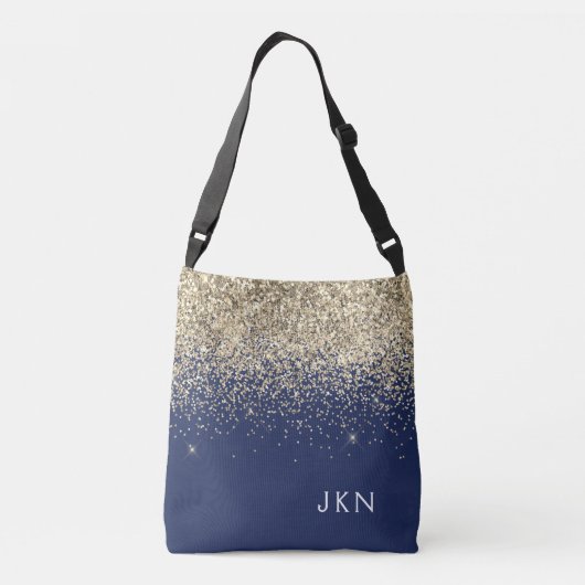 Gold Navy Blue Girly Glitter Sparkle Monogram Naam Crossbody Tas (Achterkant)