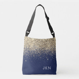 Gold Navy Blue Girly Glitter Sparkle Monogram Naam Crossbody Tas