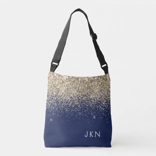 Gold Navy Blue Girly Glitter Sparkle Monogram Naam Crossbody Tas (Voorkant)