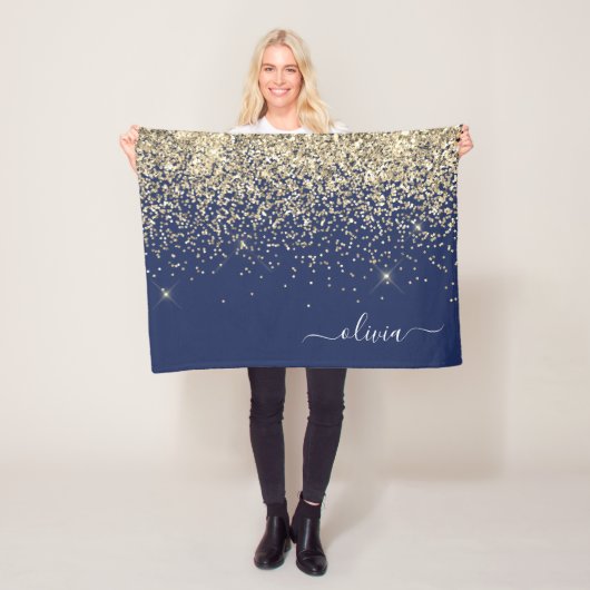 Gold Navy Blue Girly Glitter Sparkle Monogram Naam Fleece Deken (In situ)