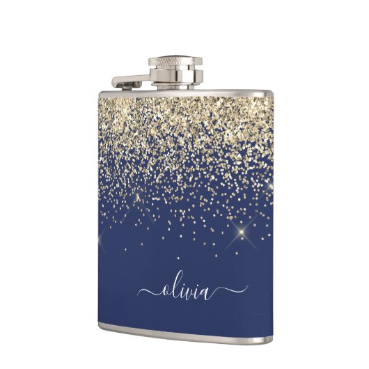 Gold Navy Blue Girly Glitter Sparkle Monogram Naam Heupfles (Links)
