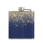 Gold Navy Blue Girly Glitter Sparkle Monogram Naam Heupfles (Achterkant)