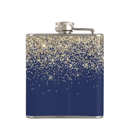 Gold Navy Blue Girly Glitter Sparkle Monogram Naam Heupfles (Achterkant)