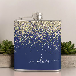 Gold Navy Blue Girly Glitter Sparkle Monogram Naam Heupfles