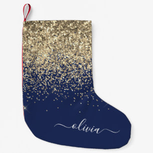 Gold Navy Blue Girly Glitter Sparkle Monogram Naam Kleine Kerstsok
