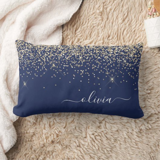Gold Navy Blue Girly Glitter Sparkle Monogram Naam Kussen (Deken)