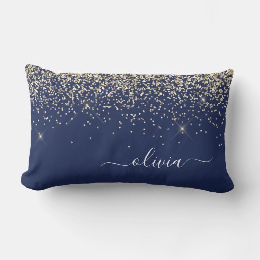 Gold Navy Blue Girly Glitter Sparkle Monogram Naam Kussen (Voorkant)
