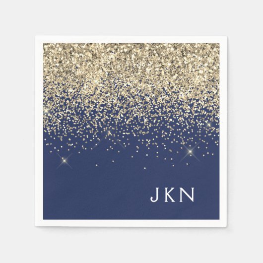Gold Navy Blue Girly Glitter Sparkle Monogram Naam Servet (Voorkant)