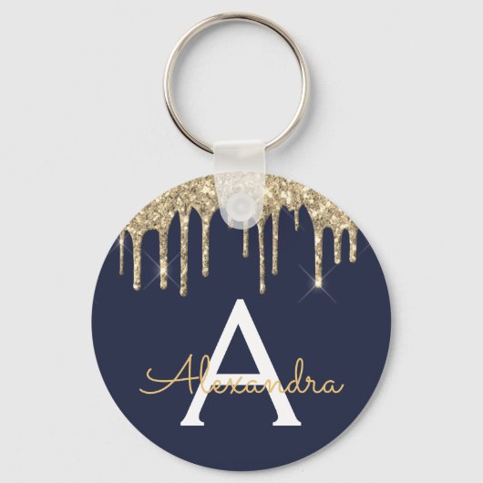Gold Navy Blue Girly Sparkly Glitter Monogram Sleutelhanger (Voorkant)