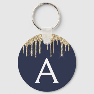 Gold Navy Blue Girly Sparkly Glitter Monogram Sleutelhanger