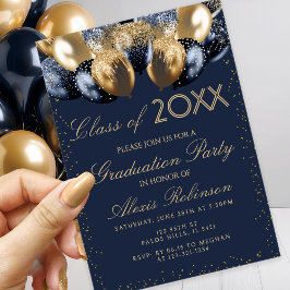 Gold Navy Blue Glitter Balloons Graduation Party Kaart