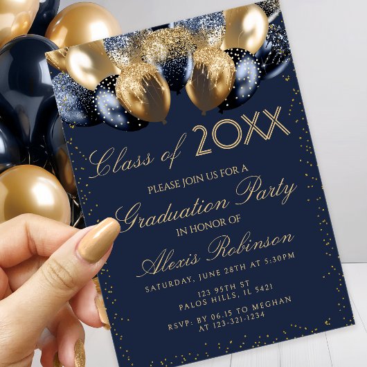 Gold Navy Blue Glitter Balloons Graduation Party Kaart