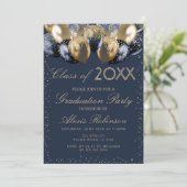 Gold Navy Blue Glitter Balloons Graduation Party Kaart (Staand voorkant)