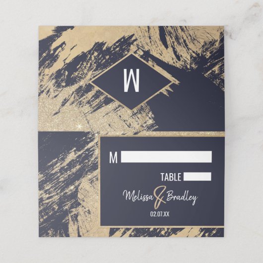 Gold Navy Blue Glitter Brushstrokes Place Cards Plaatskaartje (Buitenkant ongevouwen)