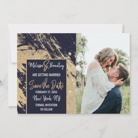 Gold Navy Blue Glitter Brushstrokes Save the Date Kaart (Voorkant)