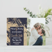 Gold Navy Blue Glitter Brushstrokes Save the Date Kaart (Staand voorkant)