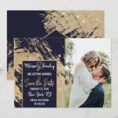Gold Navy Blue Glitter Brushstrokes Save the Date Kaart (Voorkant / Achterkant)