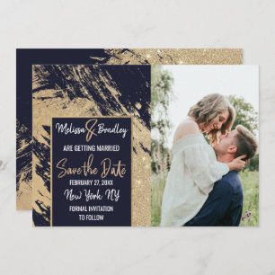 Gold Navy Blue Glitter Brushstrokes Save the Date Kaart