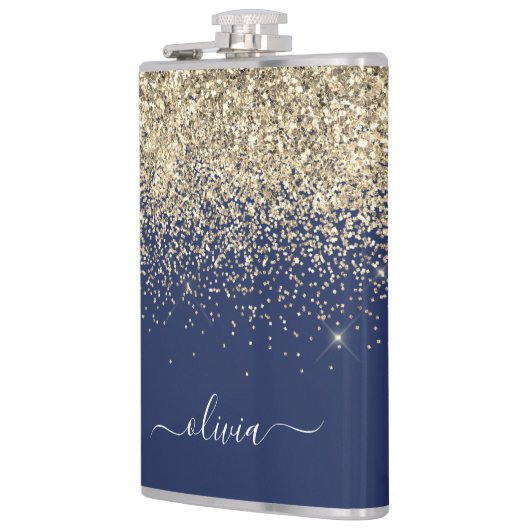 Gold Navy Blue Glitter Custom Monogram Name Heupfles (Links)