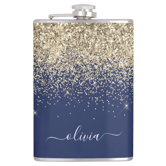 Gold Navy Blue Glitter Custom Monogram Name Heupfles (Voorkant)