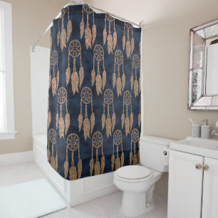 Gold Navy Blue Glitter Dream Catcher Pattern Douchegordijn