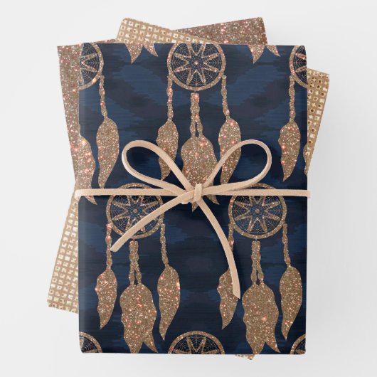 Gold Navy Blue Glitter Dream Catcher Pattern Inpakpapier Vel (In situ)