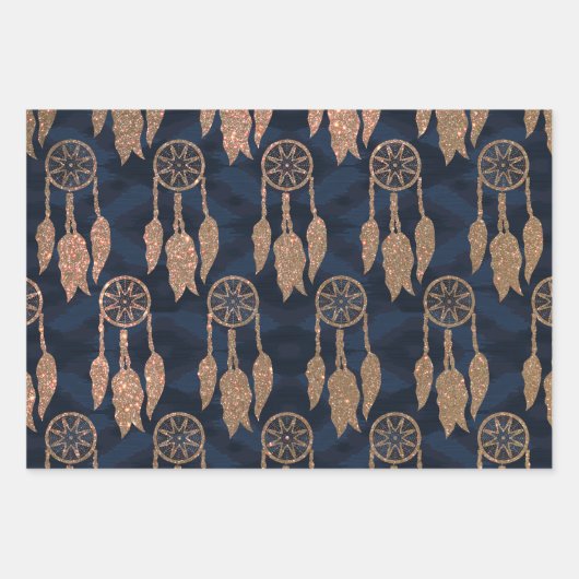 Gold Navy Blue Glitter Dream Catcher Pattern Inpakpapier Vel (Voorkant)