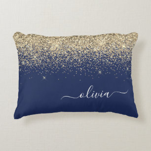 Gold Navy Blue Glitter Script Monogram Girly Name Accent Kussen