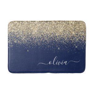 Gold Navy Blue Glitter Script Monogram Girly Name Badmat