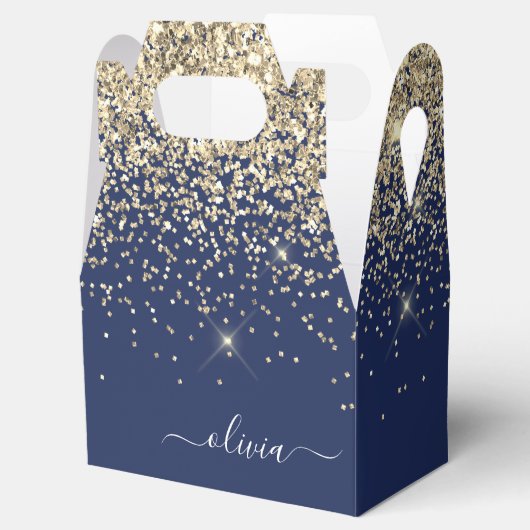 Gold Navy Blue Glitter Script Monogram Girly Name Bedankdoosjes (Geopend)