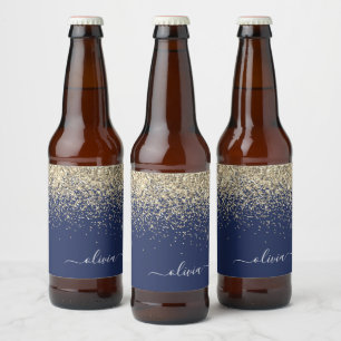 Gold Navy Blue Glitter Script Monogram Girly Name Bier Etiket