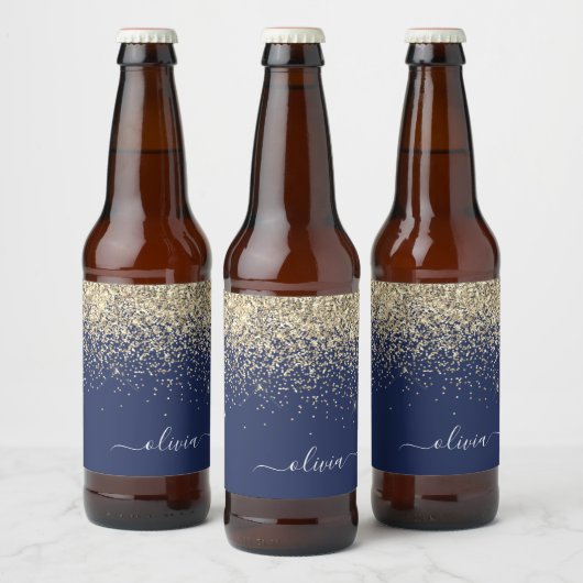 Gold Navy Blue Glitter Script Monogram Girly Name Bier Etiket (Flessen)