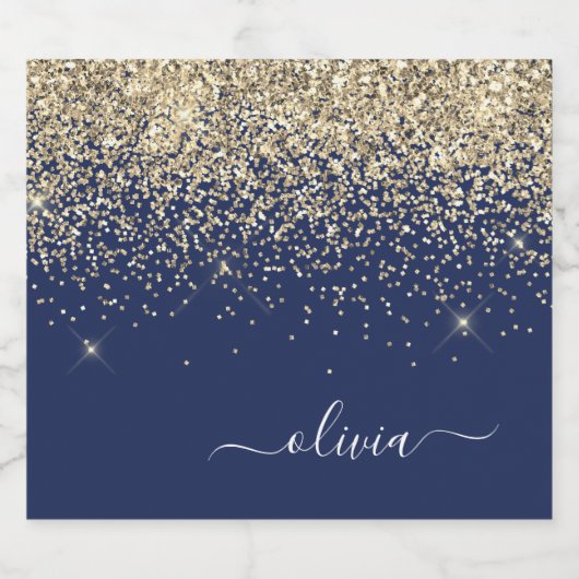 Gold Navy Blue Glitter Script Monogram Girly Name Bier Etiket (Enkel label)