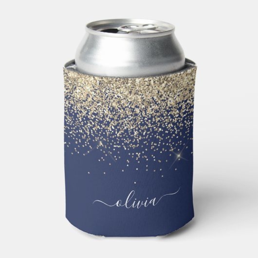 Gold Navy Blue Glitter Script Monogram Girly Name Blikjeskoeler (Blikje Voorkant)