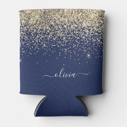 Gold Navy Blue Glitter Script Monogram Girly Name Blikjeskoeler (Voorkant)