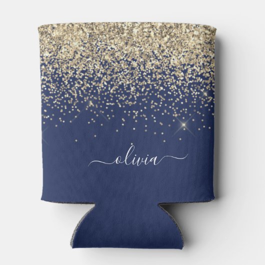 Gold Navy Blue Glitter Script Monogram Girly Name Blikjeskoeler (Achterkant)
