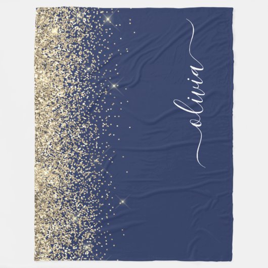Gold Navy Blue Glitter Script Monogram Girly Name Fleece Deken (Voorkant)