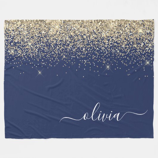 Gold Navy Blue Glitter Script Monogram Girly Name Fleece Deken (Voorkant (Horizontaal))
