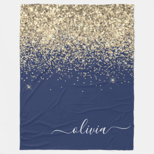 Gold Navy Blue Glitter Script Monogram Girly Name Fleece Deken