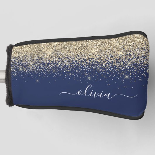 Gold Navy Blue Glitter Script Monogram Girly Name Golfheadcover (Voorkant)
