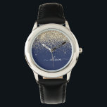 Gold Navy Blue Glitter Script Monogram Girly Name Horloge<br><div class="desc">Navy Blue en Gold Sparkle Glitter Script Monogram Name Watch. Dit maakt de perfecte liefhebbende 16 verjaardag,  bruiloft,  vrijgezellenfeest,  verjaardagsdag,  baby shower of vrijgezellenfeest voor iemand die van luxe glam en stijl houdt.</div>