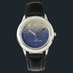 Gold Navy Blue Glitter Script Monogram Girly Name Horloge<br><div class="desc">Navy Blue en Gold Sparkle Glitter Script Monogram Name Watch. Dit maakt de perfecte liefhebbende 16 verjaardag,  bruiloft,  vrijgezellenfeest,  verjaardagsdag,  baby shower of vrijgezellenfeest voor iemand die van luxe glam en stijl houdt.</div>
