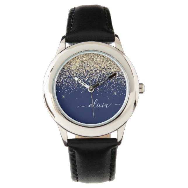 Gold Navy Blue Glitter Script Monogram Girly Name Horloge (Voorkant)