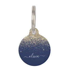 Gold Navy Blue Glitter Script Monogram Girly Name Huisdierpenning