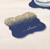Gold Navy Blue Glitter Script Monogram Girly Name Kartonnen Onderzetters (Gekanteld)