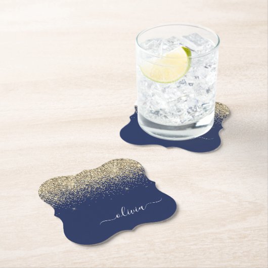 Gold Navy Blue Glitter Script Monogram Girly Name Kartonnen Onderzetters (Insitu)