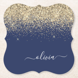 Gold Navy Blue Glitter Script Monogram Girly Name Kartonnen Onderzetters