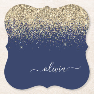 Gold Navy Blue Glitter Script Monogram Girly Name Kartonnen Onderzetters