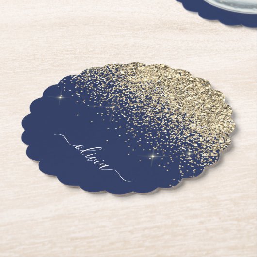 Gold Navy Blue Glitter Script Monogram Girly Name Kartonnen Onderzetters (Gekanteld)