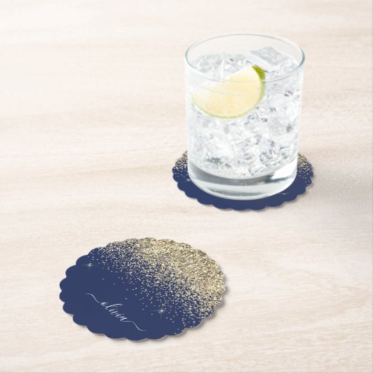 Gold Navy Blue Glitter Script Monogram Girly Name Kartonnen Onderzetters (Insitu)